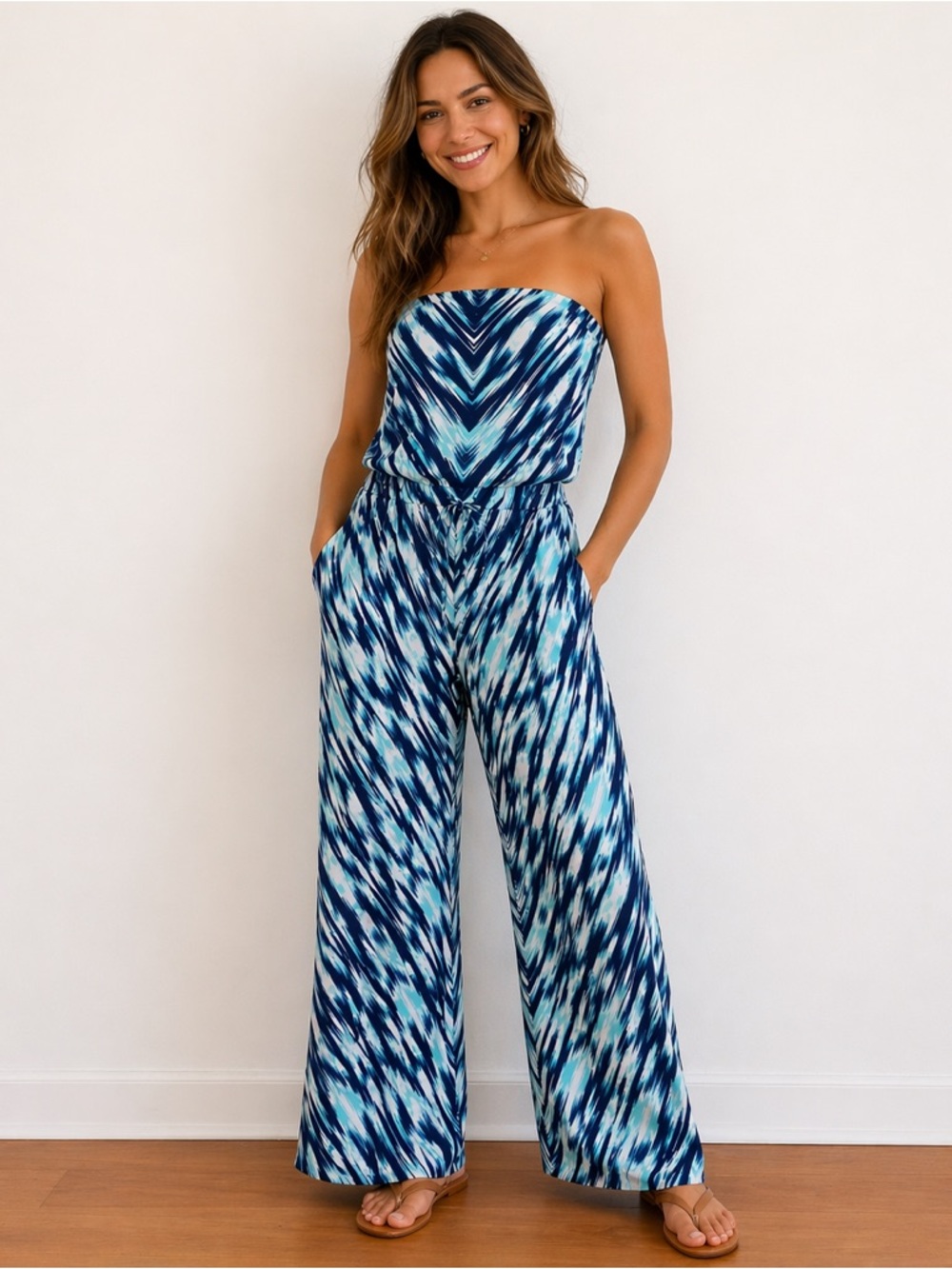 Tommy Bahama Strapless Jumpsuit S/P Blue Wave Watercolor Elastic Tie Wide Leg
